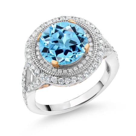Gem Stone King 18K Two-Tone Sterling Silver Round Swiss Blue Topaz Ring for Women (3.90 Cttw Gemstone Birthstone Size 7)