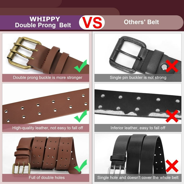 WHIPPY Double Prong Leather Belt for Men Women, Heavy Duty Leather