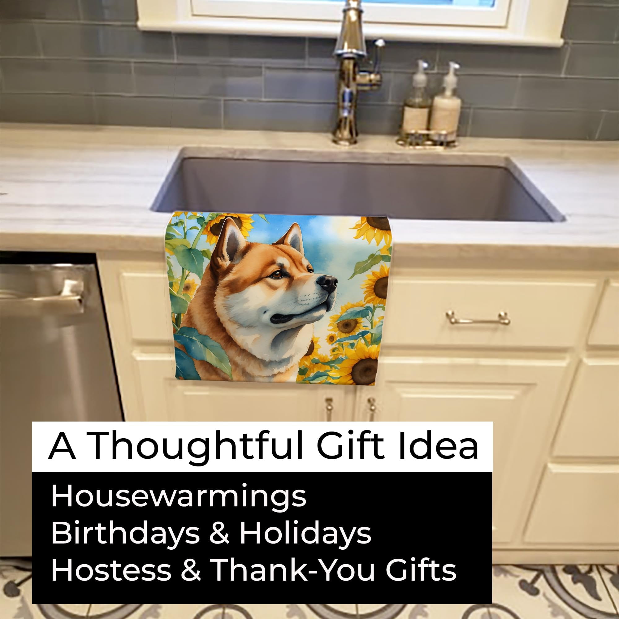 Akita in Sunflowers Kitchen Towel 15 in x 25 in