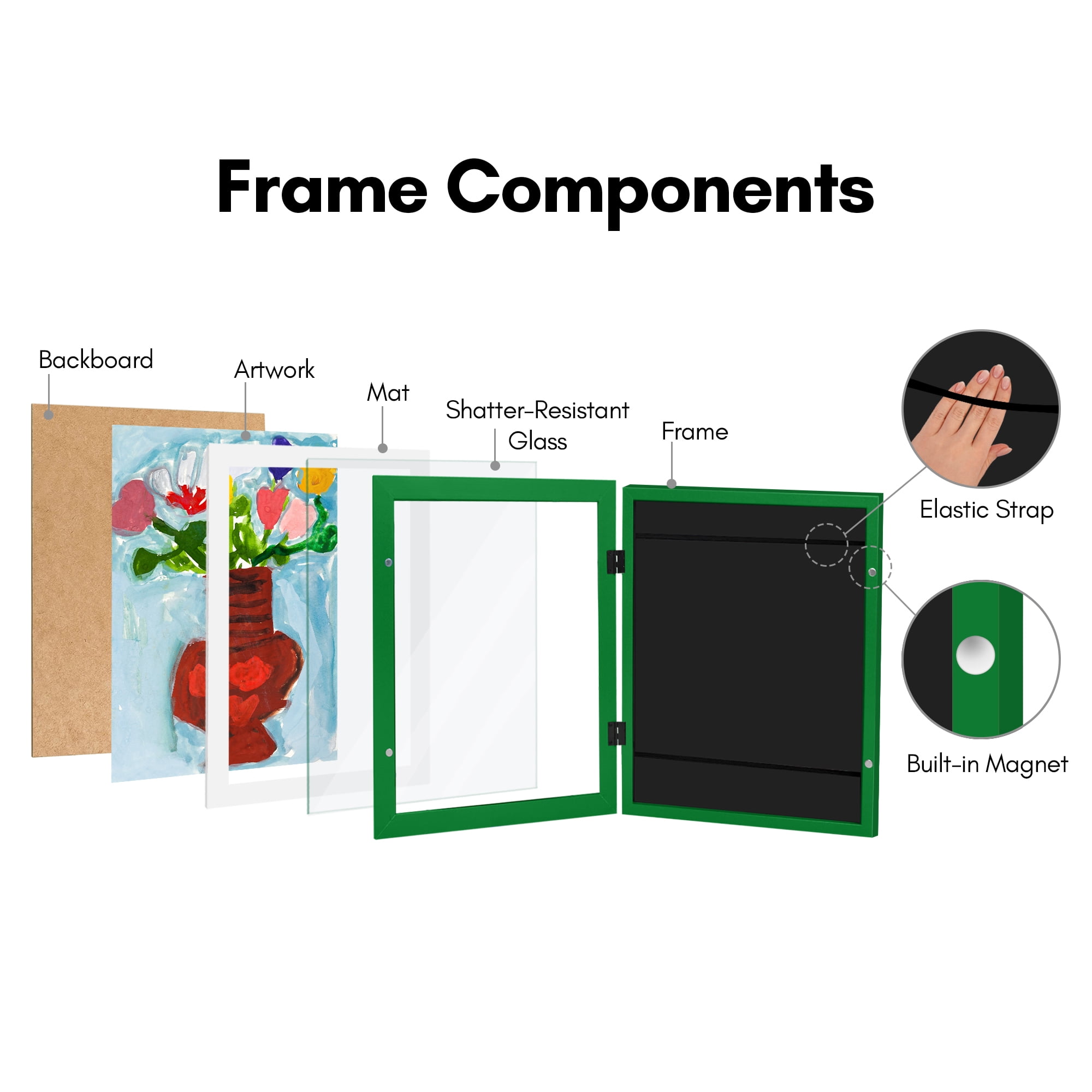 Americanflat 10x12.5 Kids Art Frame with 8.5x11 Mat Holds 100 Art Pieces Shamrock Magnetic Letter Size Mini - Green
