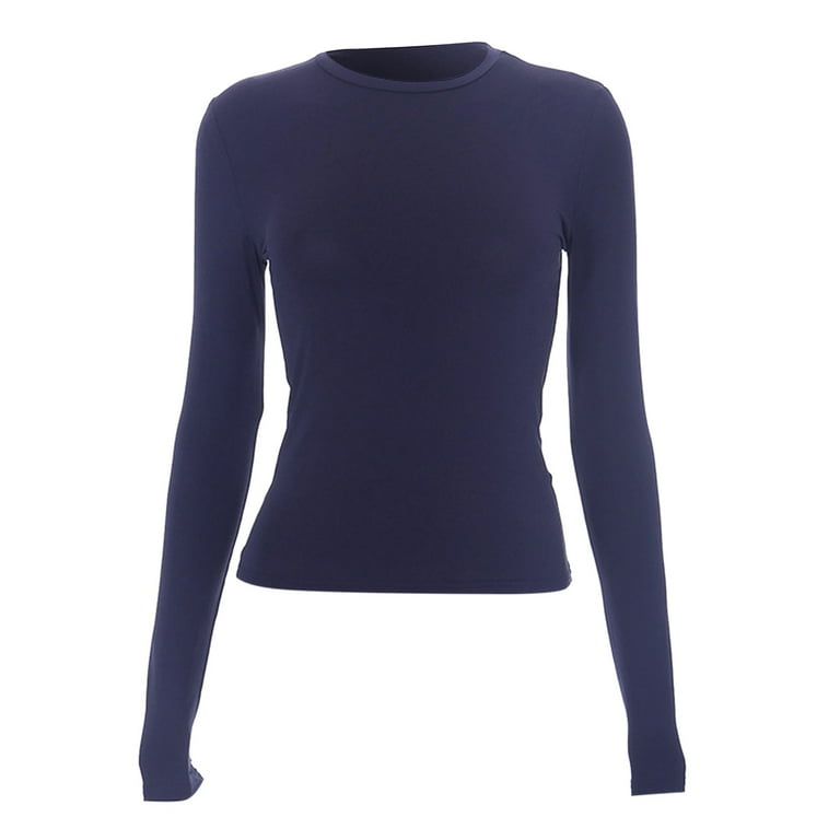 2024 - Dames T-shirt met lange mouwen en ronde hals crop top basic effen strakke slim fit cropped shirt workout yoga dames werkblouse, Blauw, S