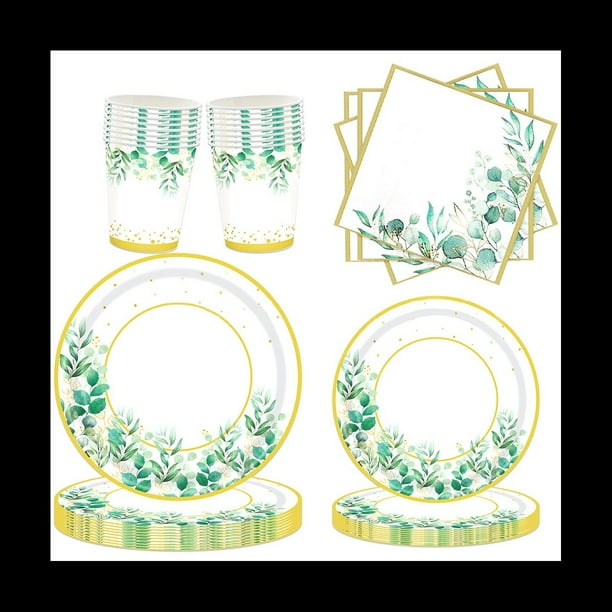 Juego de Platos de Papel Verde para 24 Personas, Juego de Platos y Servilletas de Papel Verde para Suministros de Fiesta de CumpleañOs, Bodas
