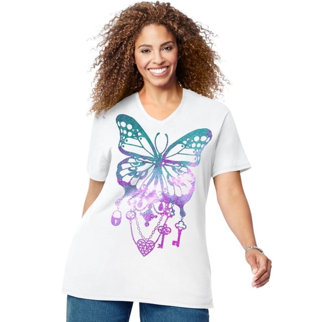 Just My Size T-Shirt Graphique à Manches Courtes pour Femmes, 5X, Papillon Blanc