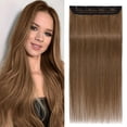 thumbnail image 1 of Benehair Extensiones de cabello con clip de una pieza, cabello humano, extensiones de cabello marrón claro, cabello humano con clip, 20 pulgadas, 3/4, cabeza completa, cabello humano Remy liso, 5 clip, 1 of 5