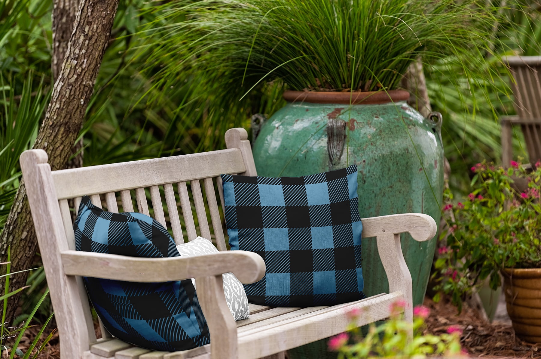 16" x 16" Simply Daisy Buffalo Plaid Polyester Indoor/Outdoor Pillow, Chambray Qty 1