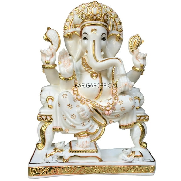 Golden Ganesha Statue, Large 18 inches Ganesh Murti, Hindu Religious Prosperity God, White Gold Good Luck Elephant, Marble Ganapati Idol, Vinayak Deity Home Temple Office Housewarming Gift Sculpture