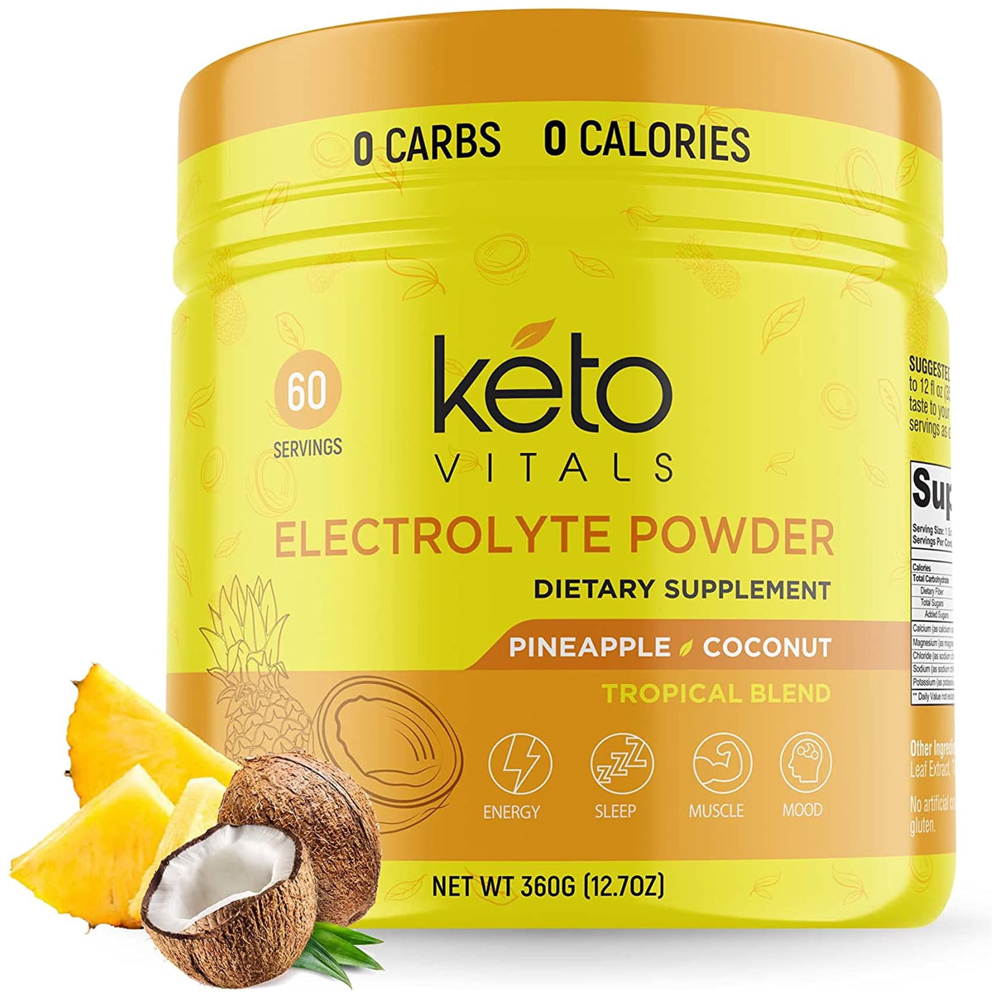 Keto Vitals Keto Electrolytes Powder for Hydration, Sleep, Energy, Muscle Function Pineapple Coconut 10 oz
