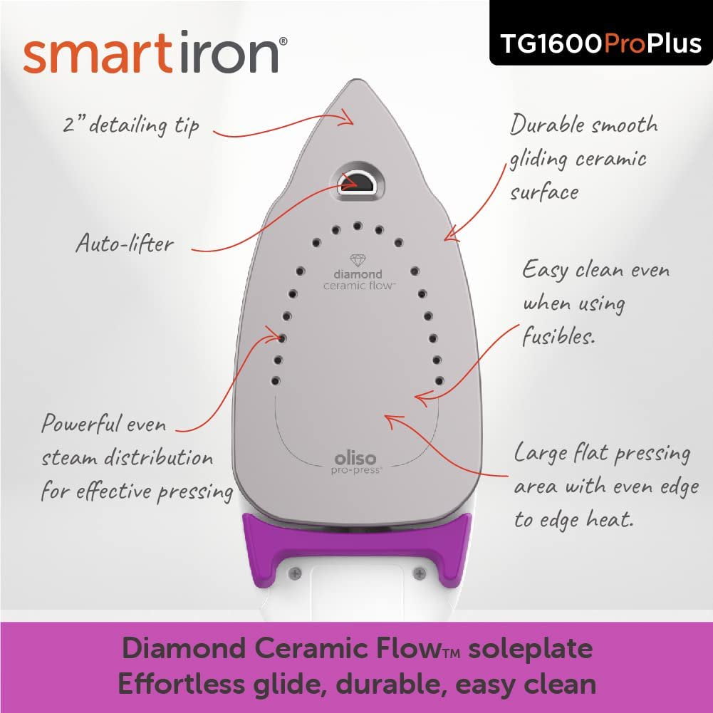 Oliso TG1600 Pro Plus 1800 Watt SmartIron with Auto Lift - for Clothes, Sewing, Quilting and Crafting Ironing | Diamond Ceramic-Flow Soleplate Steam Iron, Orchid