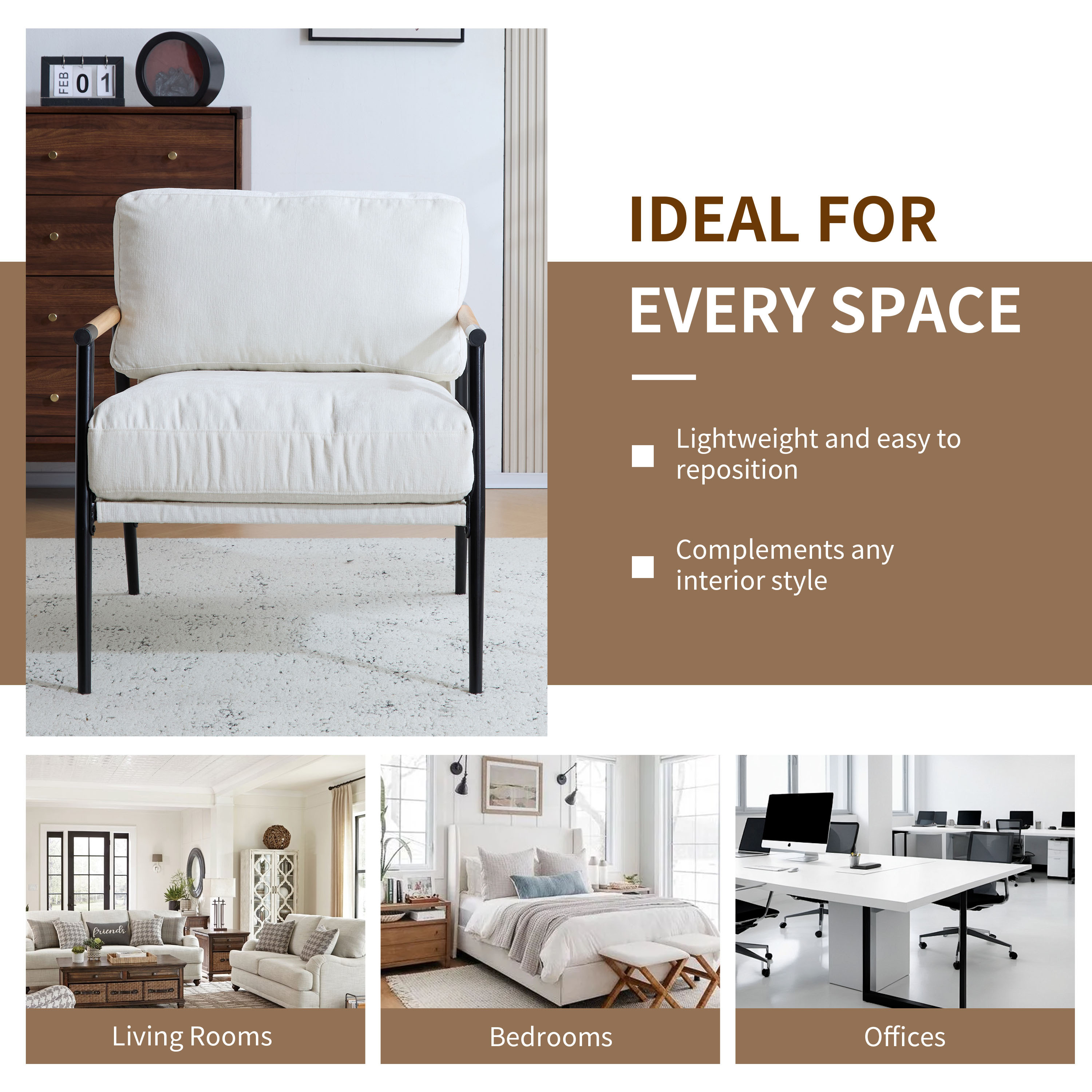 EUROCO 26"W Modern Accent Chair,Upholstered Modern Lounge Arm Chair with Plush Cushions, Minimalist Metal Frame and Wooden Armrest Design,Reading Leisure Chair for Living Room,Waiting Room,White