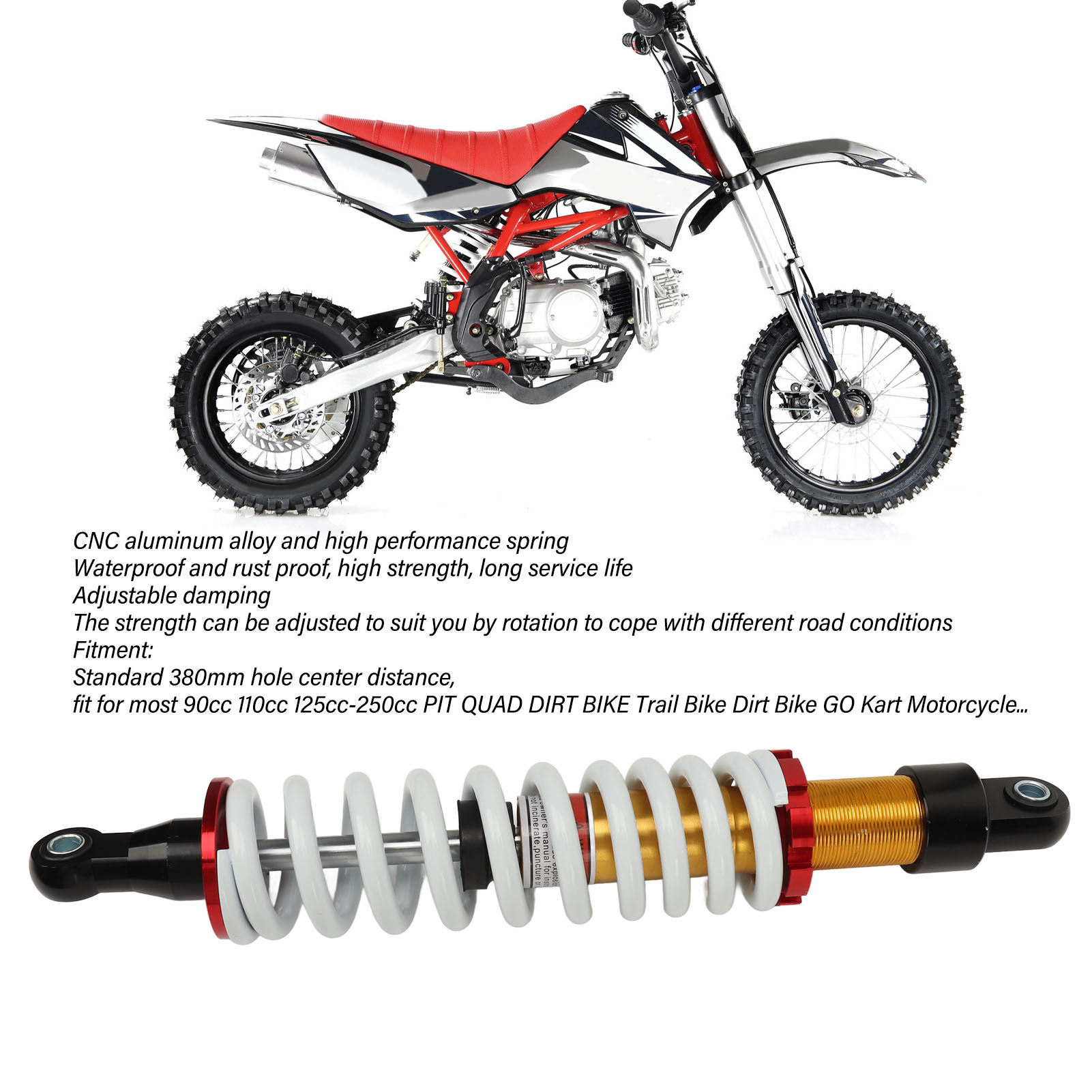 Amortisseur Moto Noir 320 Mm - Ressort Progressif - Pour Dirt Bike, Scooter, Quad, ATV - Réglable En Dureté