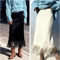 thumbnail image 5 of Women's fringed faux suede skirt, high-waisted slim-fit pencil skirt, elegant autumn/winter midi skirt, vintage A-line slim skirt, 5 of 7