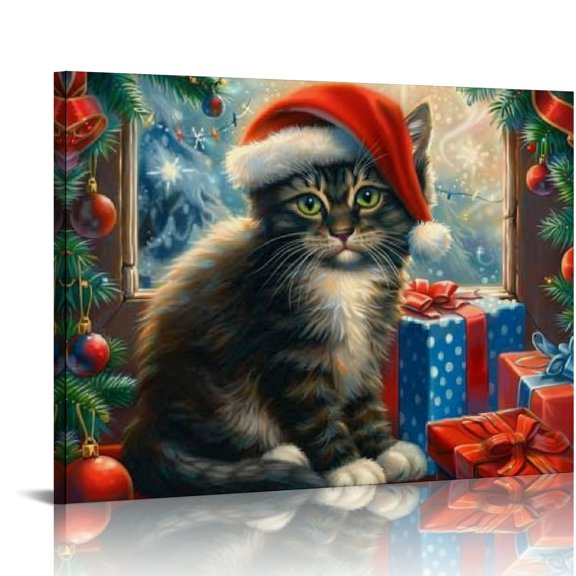 Orinice Black Cat With Santa Hat Canvas Wall Art,Christmas Cat Gift Painting Artwork Print Wall Decor for Living Room Kitchen Bedroom Office Decor 20''X16'' 20x16in
