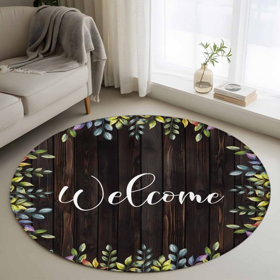 Welcome Leaf Round Area Rug 4 FT, Non Slip Indoor Outdoor Rug, Pastoral Summer Botanical Wooden Brown Washable Soft Circular Carpet Non-Shedding Floor Mat for Coffee Table Nursery Foyer Balcony