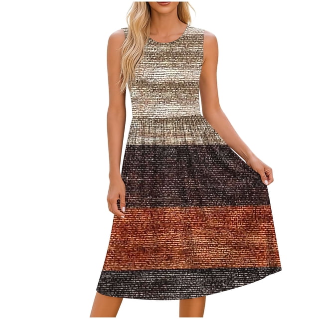 Vestido Largo de Manga Larga para Mujeres Casual sin Posicionamiento Impreso sin Mangas Suelto con Cuello Redondo Y Bolsillos, Vestido de Poliéster Elástico Suave para Uso Diario