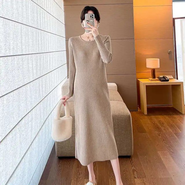 Vestido de maternidad de punto versátil, falda tipo suéter holgada, ropa de capa Base sin relleno y no elástica para mujeres embarazadas