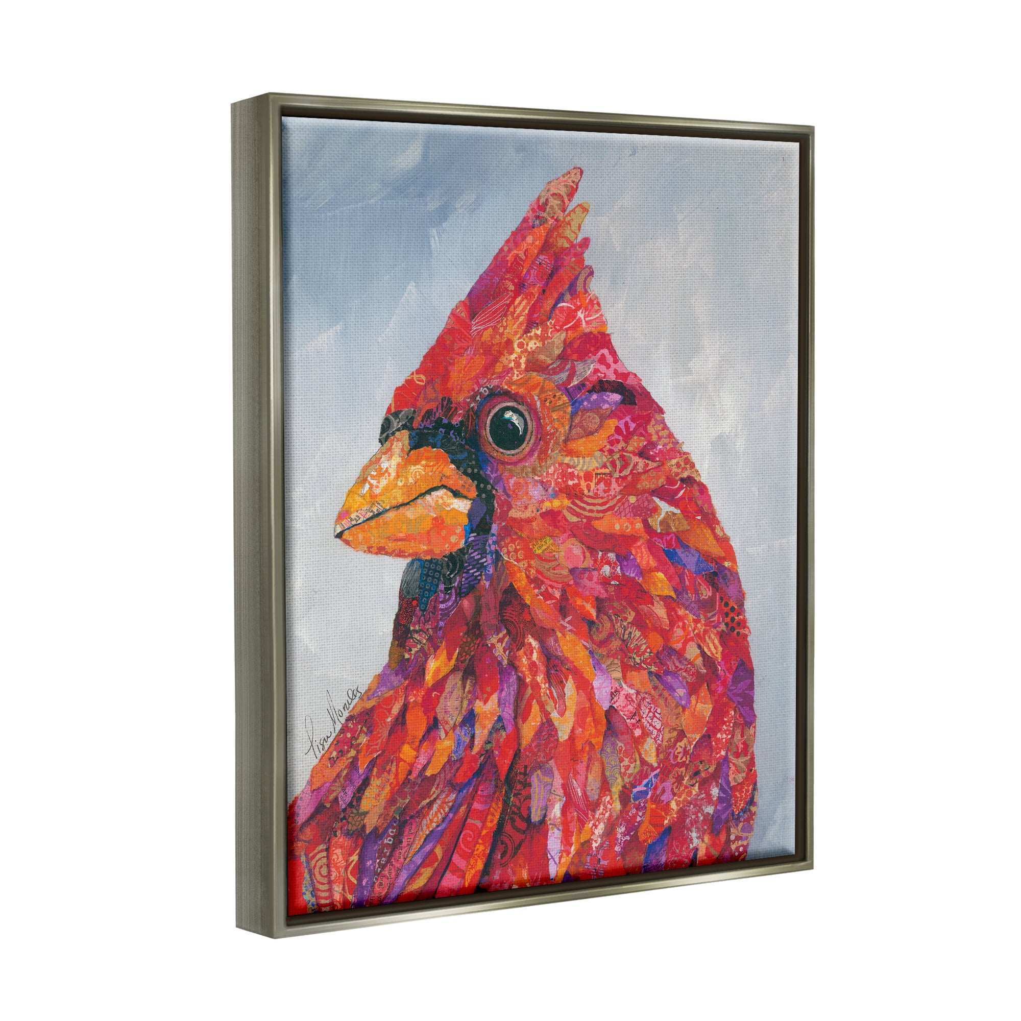 Stupell Industries The Messenger Red Cardinal Layered Collage Bird Painting Painting Luster Gray Floating Framed Canvas Print Wall Art, Design by Lisa Morales