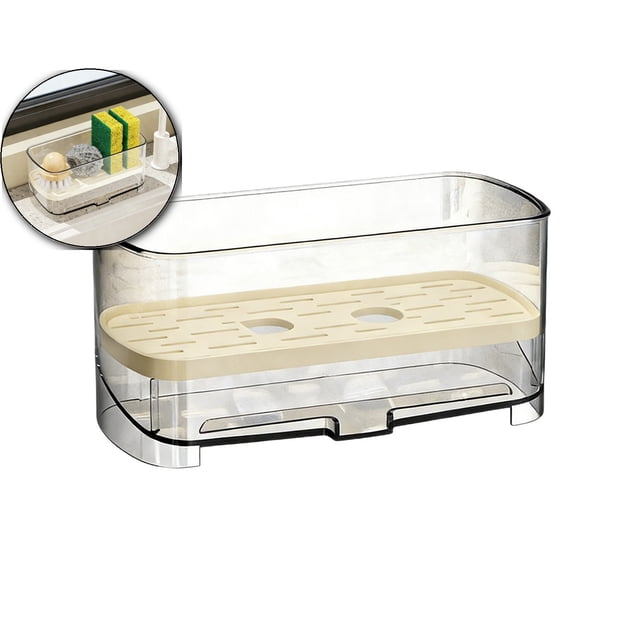 Sponge Holder for Kitchen Sink, Clear Acrylic Sink Organizer with Auto-Draining Tray, Countertop Sink Caddy for Sponges, Soap, Brush & Cleaning Tools