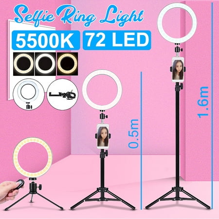72 Bright LED Selfie Beauty Ring Light w/ Lazy Bracket Stand 5500K Dimmable Lighting Kit 360° Rotating Makeup Photography Video Chat Live Stream Camera Phone Holder Stand Clip