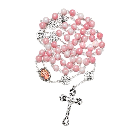 KOMI Handmade 8mm Pink Glass Beads Rosary Necklace Immaculate Heart of Mary Catholic for Women Christian Gifts