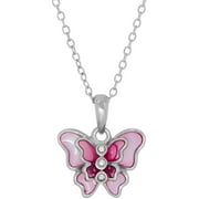 Kids' Sterling Silver Pink Enamel with Swarovski Crystal Butterfly Pendant, 14