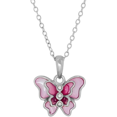 Kids' Sterling Silver Pink Enamel with Swarovski Crystal Butterfly Pendant, 14