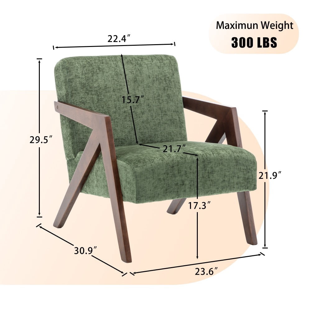 Mid Century Modern Accent Chair, Upholstered Reading Armchair with Rubber Wood Frame, Soft Fabric, Curved Arms for Living Room, Bedroom & Office, Green