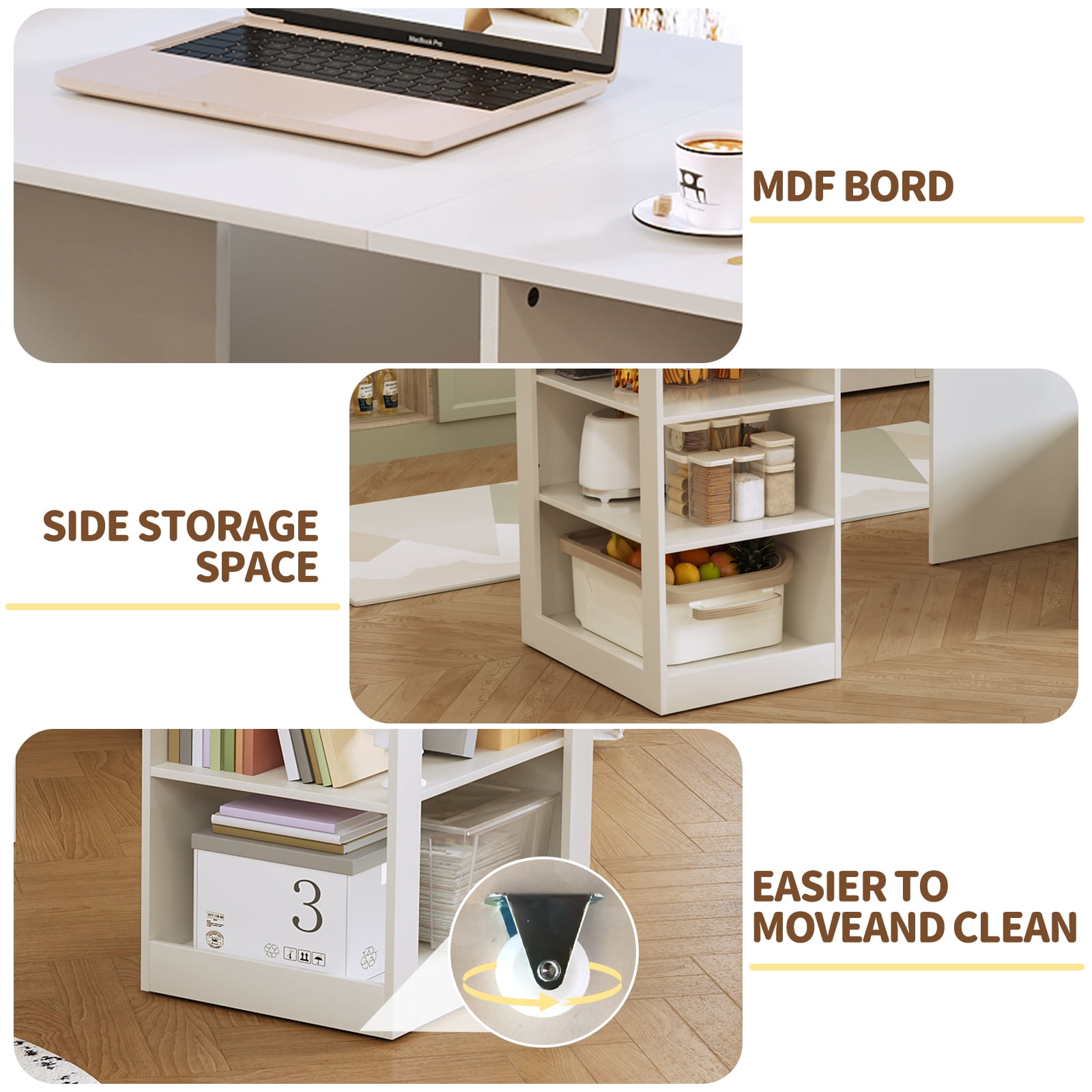 3-Tier Foldable Desk with Wheels, Multipurpose Rolling Computer Table for Home Office, Space-Saving Pull Out Desk for Small Spaces, Kitchen, Bedroom, White