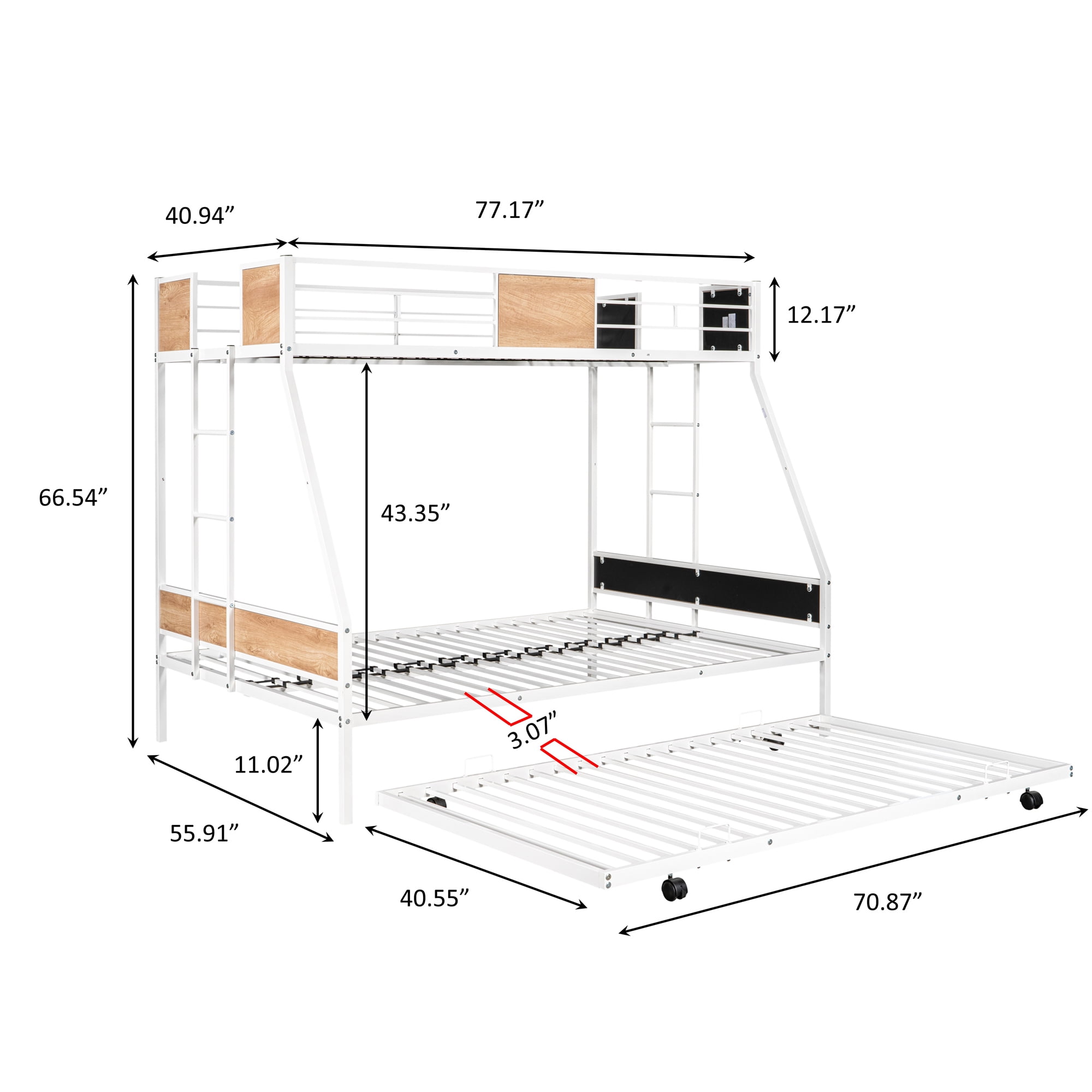 Gewnee Twin over Full Metal Bunk Bed with Trundle and  Two Ladders for Kids Room, White