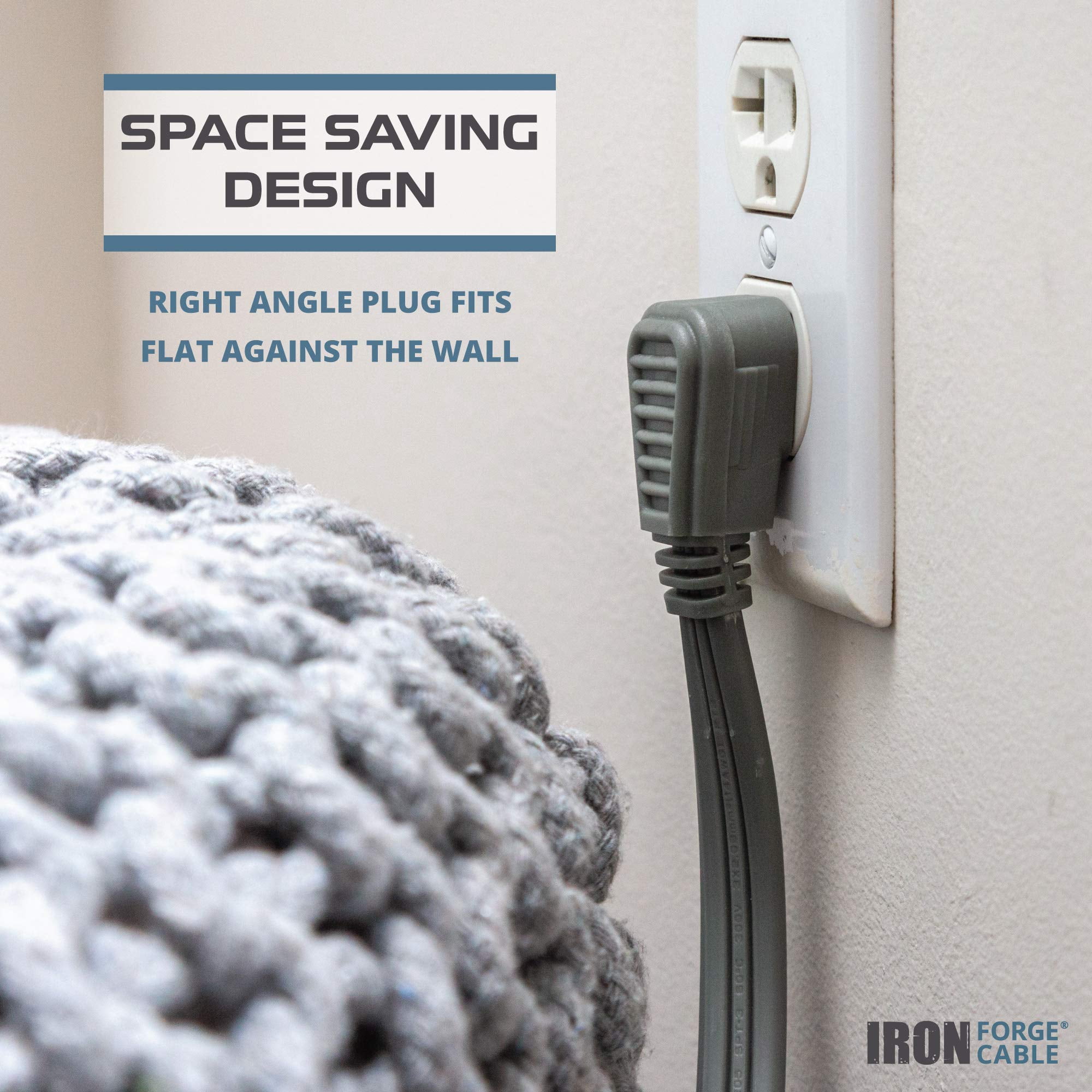 Iron Forge Cable 12 ft Appliance Extension Cord Gray 14/3 Heavy Duty - Flat Plug & Flat Cable 15 Amp 3 Prong SPT-3 for Major Home Appliances, 14 AWG