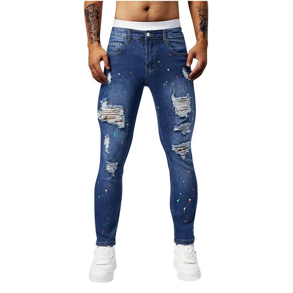 JMYHOAM Jean Pants for Men Casual Fashion Perforated Paint Dots Pocket Solid Color Elastic Tight Fitting Small Leg Denim Pants