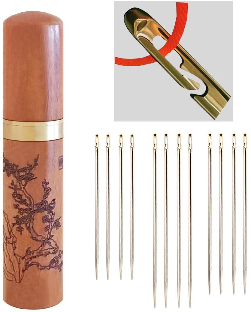 Self-Threading Needles, Needle Threader with Needle case Carving Plum  Blossom Pattern, Golden, 12 Pack 