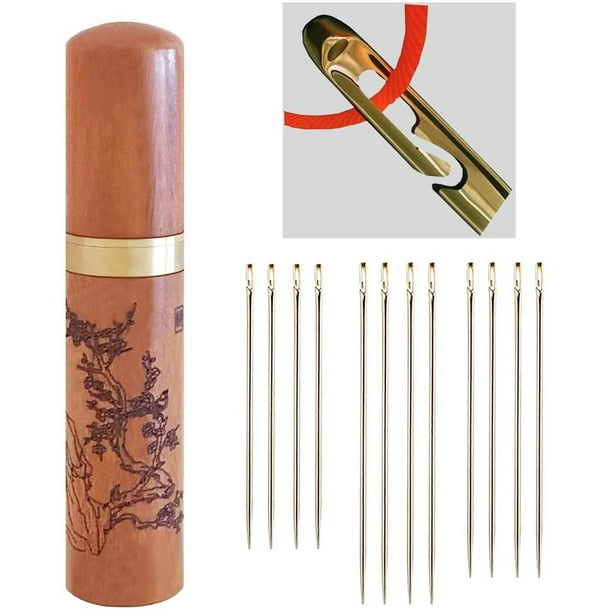 Self-Threading Needles, Needle Threader with Needle case Carving Plum  Blossom Pattern, Golden, 12 Pack 