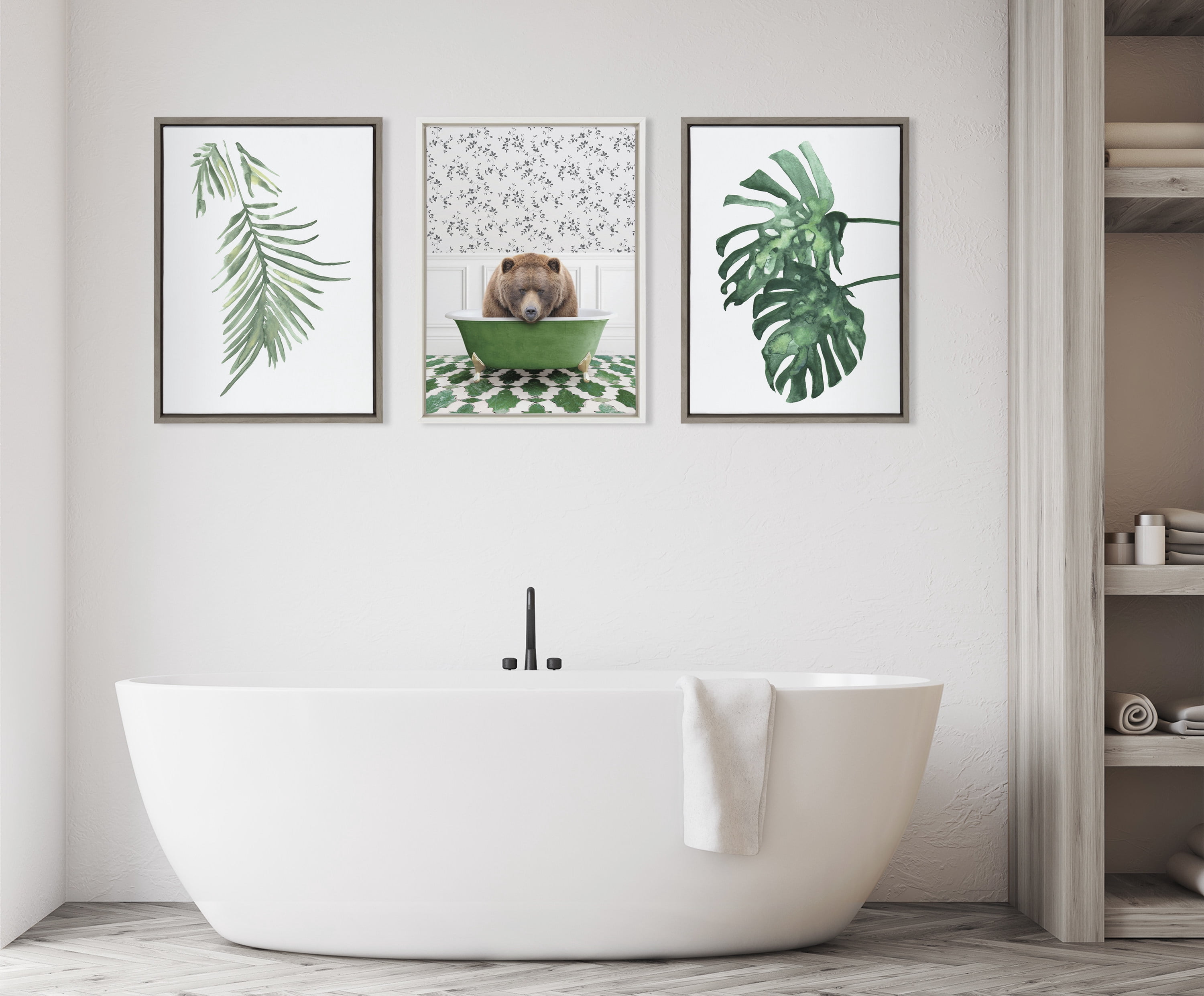 Kate and Laurel Sylvie Big Bear In Eclectic Green Bath Framed Canvas Wall Art by Amy Peterson Art Studio, 18x24 White,  Fun Animal Art Bathroom Décor
