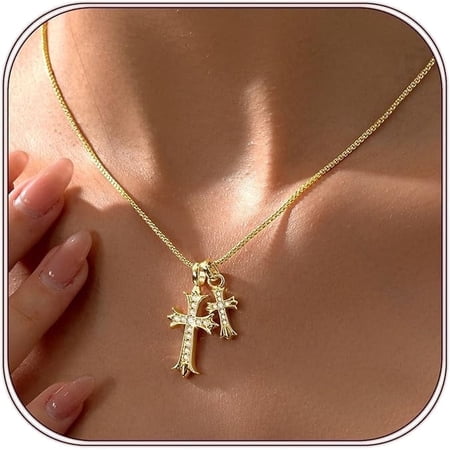 Gold Cross Necklace for Women 14K Plated Dainty Pendant Cross Chain Faith Crucifix Choker Baptism Necklace for Women Trendy Religious Jewelry Hypoallergenic