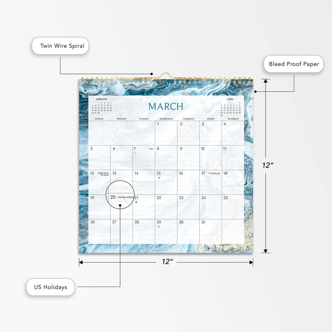 2023 -12 Month Calendar-Marble border- 12x12 Spiral bound-by Pen+Gear
