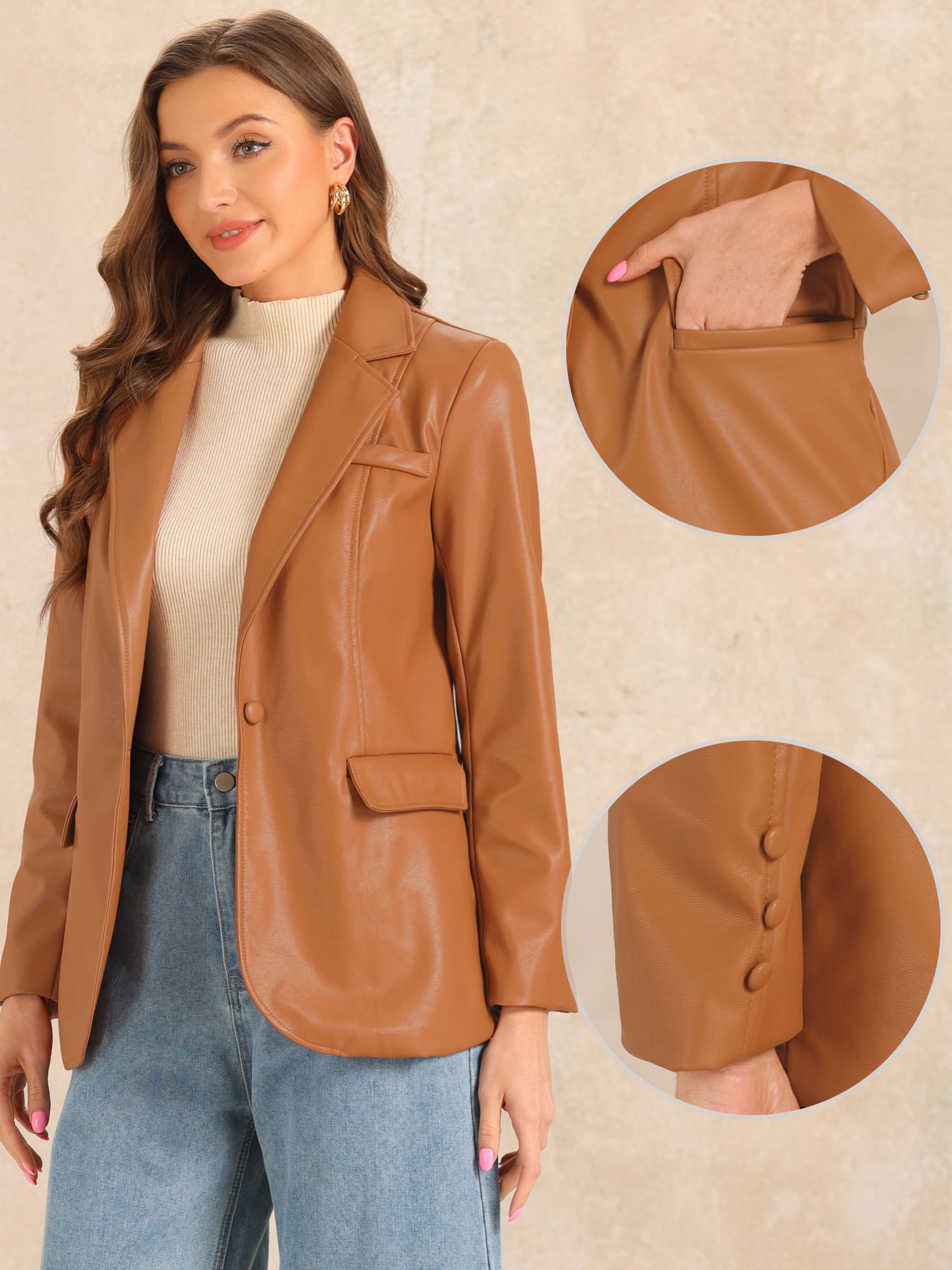 DARING DIVA Women's Faux Leather Jacket Lapel Collar PU Biker Moto Casual Oversized Blazer XS Caramel