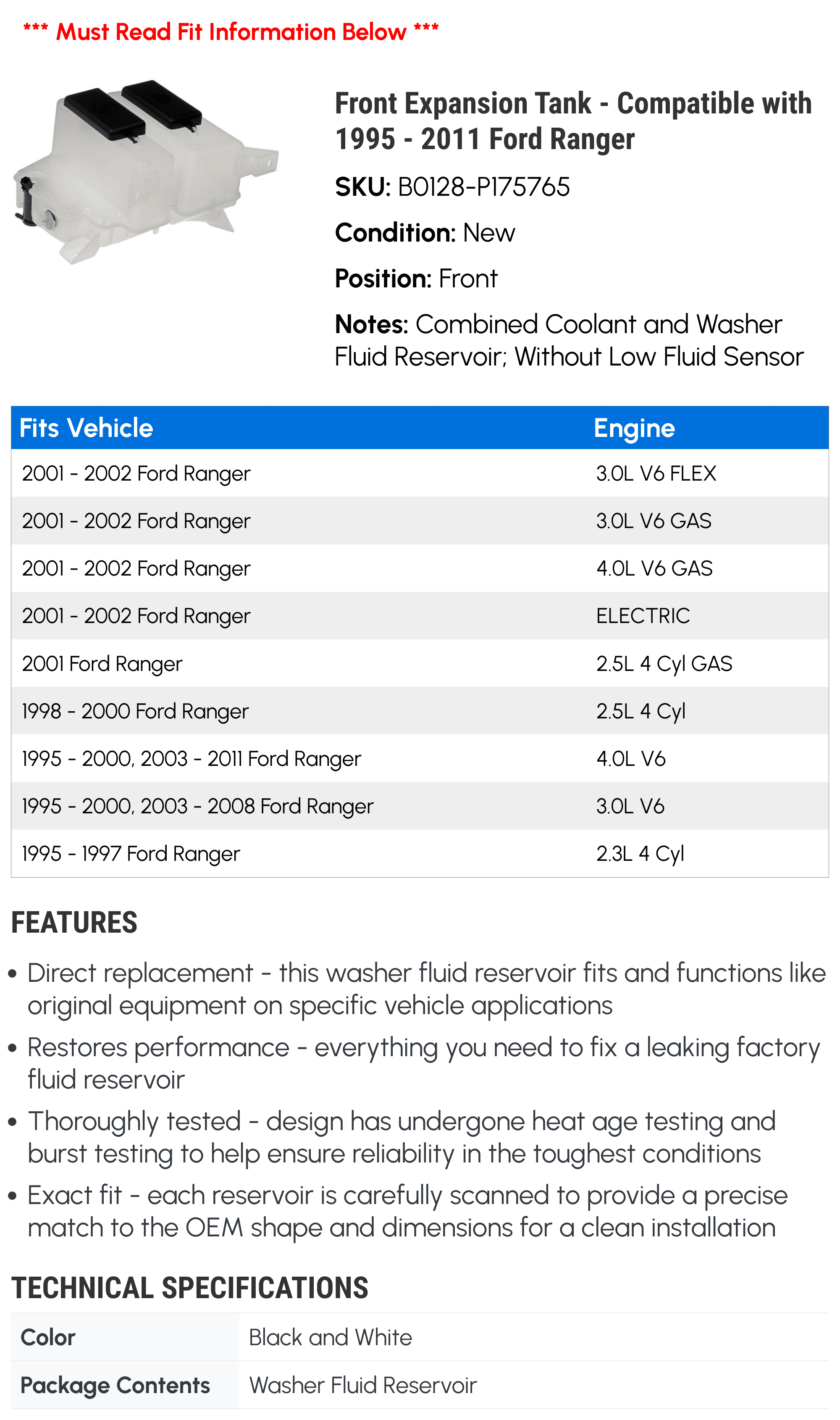 Front Expansion Tank - Compatible with 1995 - 2011 Ford Ranger - Dorman