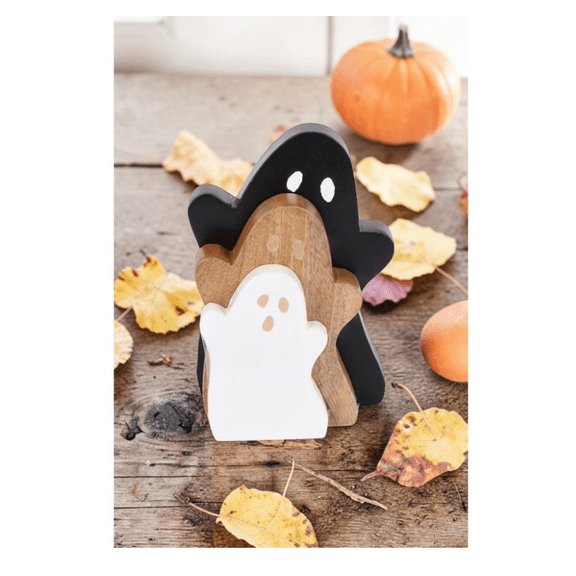 Wooden Ghost Decoration Set, Black/Natural/White, 3 Pieces, Halloween Decoration