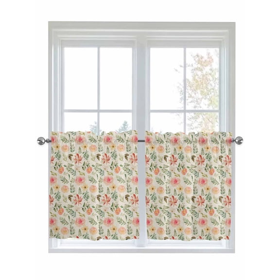 Half Window Curtain 36 Inches Long, Floral Leaves, Window Treatment Curtain Drapes, Country Farmhouse Plant Blossom Herb Small Tier Curtains for Bathroom Over Sink, 27.5"x36", 2 Panels
