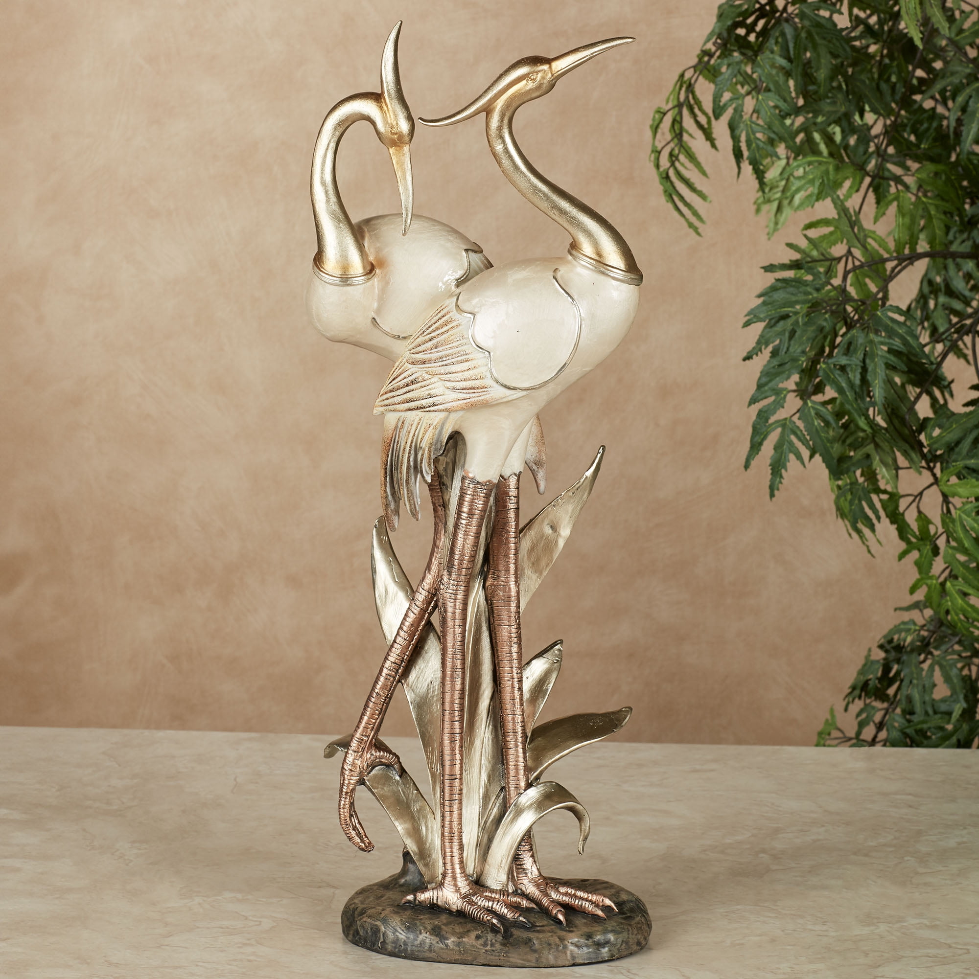 Pretty Pose Double Crane Metallic Table Sculpture Ivory and Gold