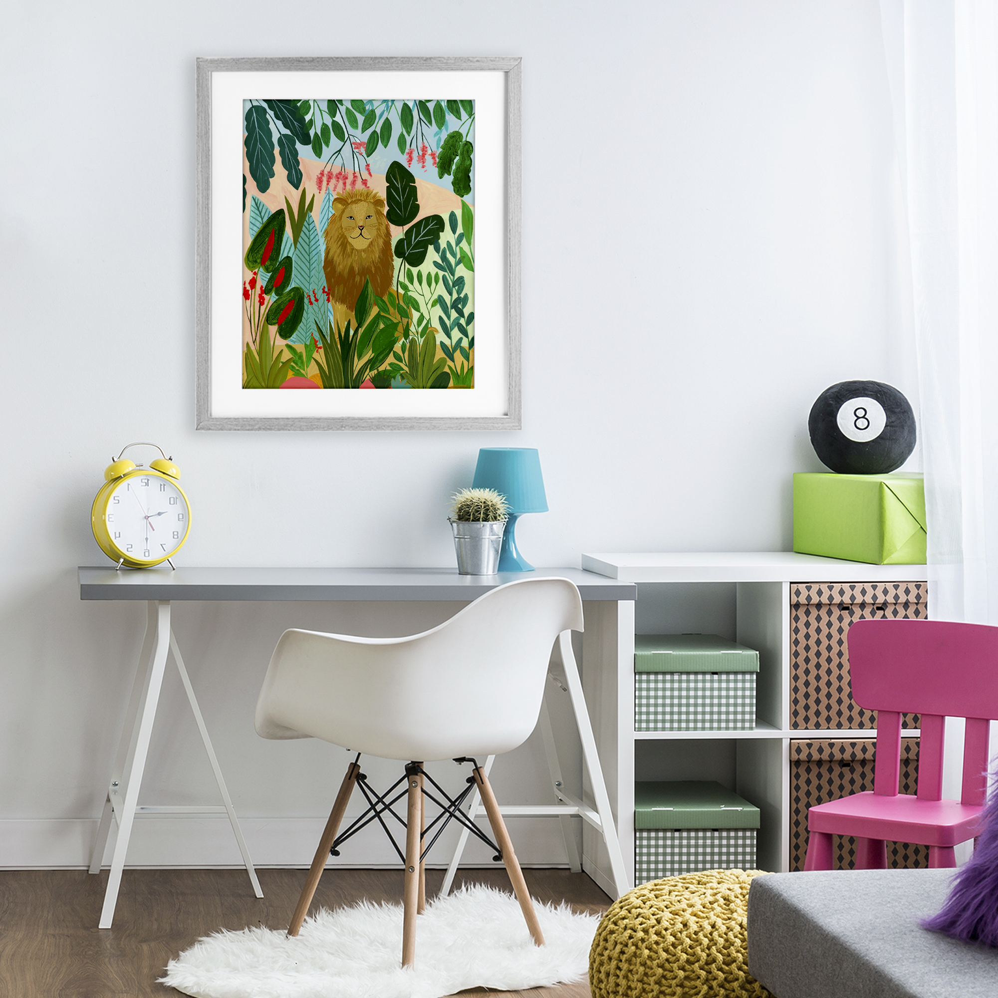 Stoic Lion Tropical Forest Gray Framed Print Under Glass, design by Nabeela Rumi