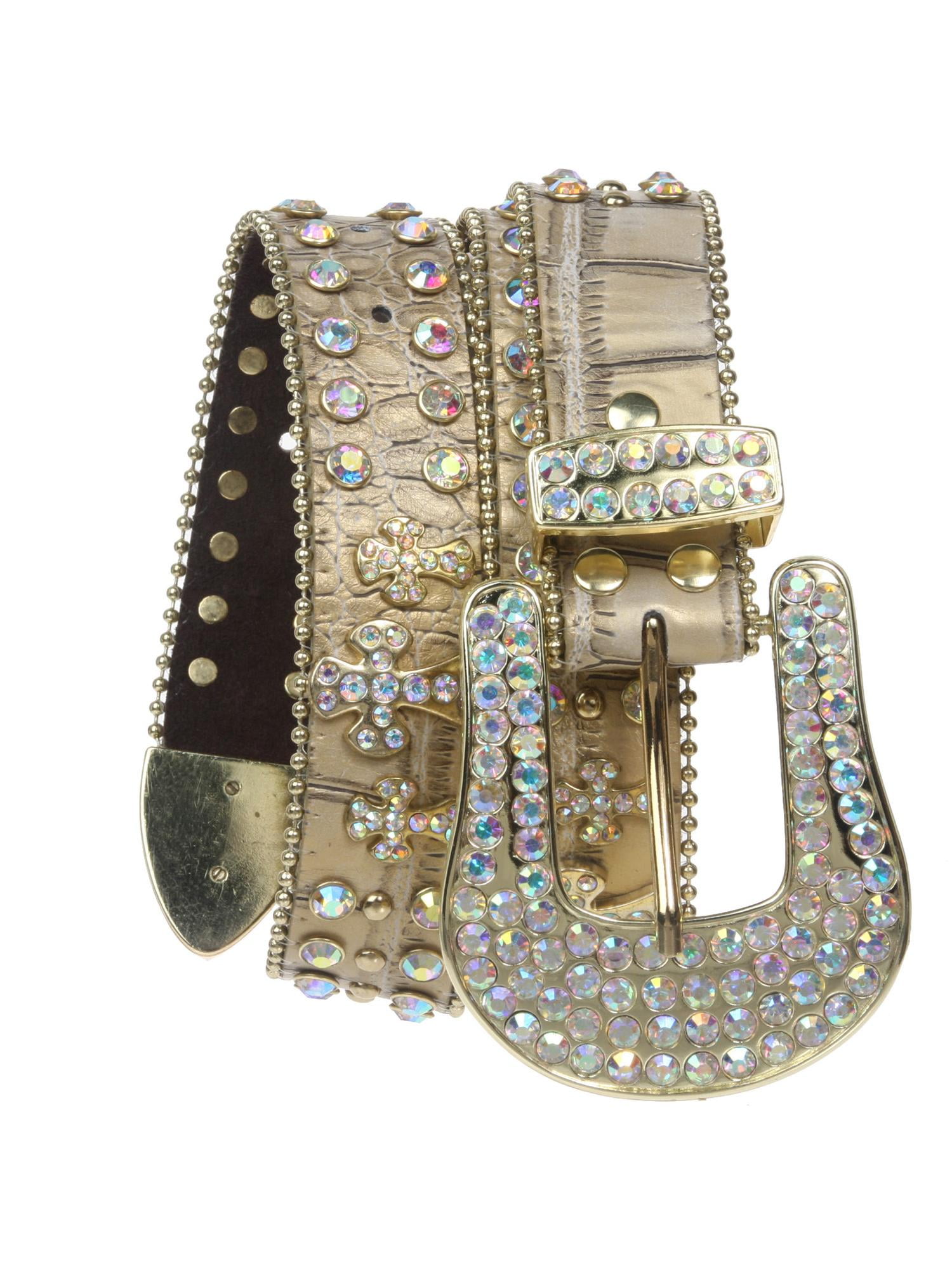 Snap On Western Cowgirl Alligator Rhinestone Cross Leather Belt - Main Image