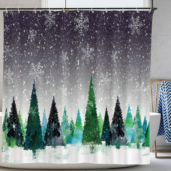Bathroom Shower Curtain with Hooks Green Christmas Tree Pine Tree Snowflake Waterproof Polyester Bath Curtain 72"x72"