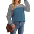 thumbnail image 3 of HUBERY Women Waffle Crew Neck Color Block Spliced Lace Long Sleeve Pullover Top, 3 of 6