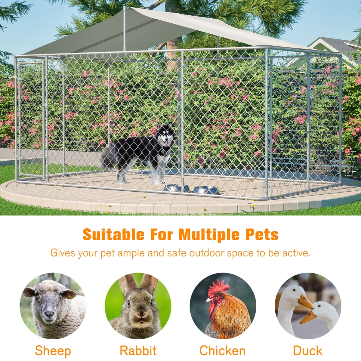 LuckyNote Heavy Duty Outdoor Dog Kennel 13.1x7.5x7.6 ft, Galvanized Chain Link Playpen with Waterproof Anti-UV Cover, Secure Lock, Grey