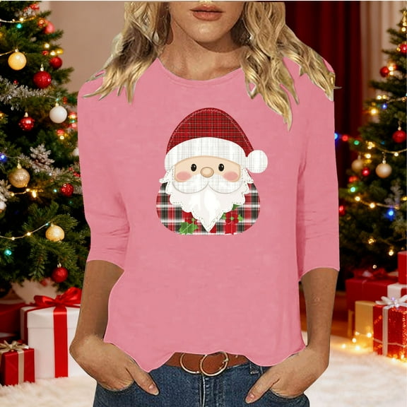 HOMBOM Womens Pink Tops 3/4 Sleeve Ugly Festive Christmas Ugly Christmas Crewneck Tee Shirts for Ladies