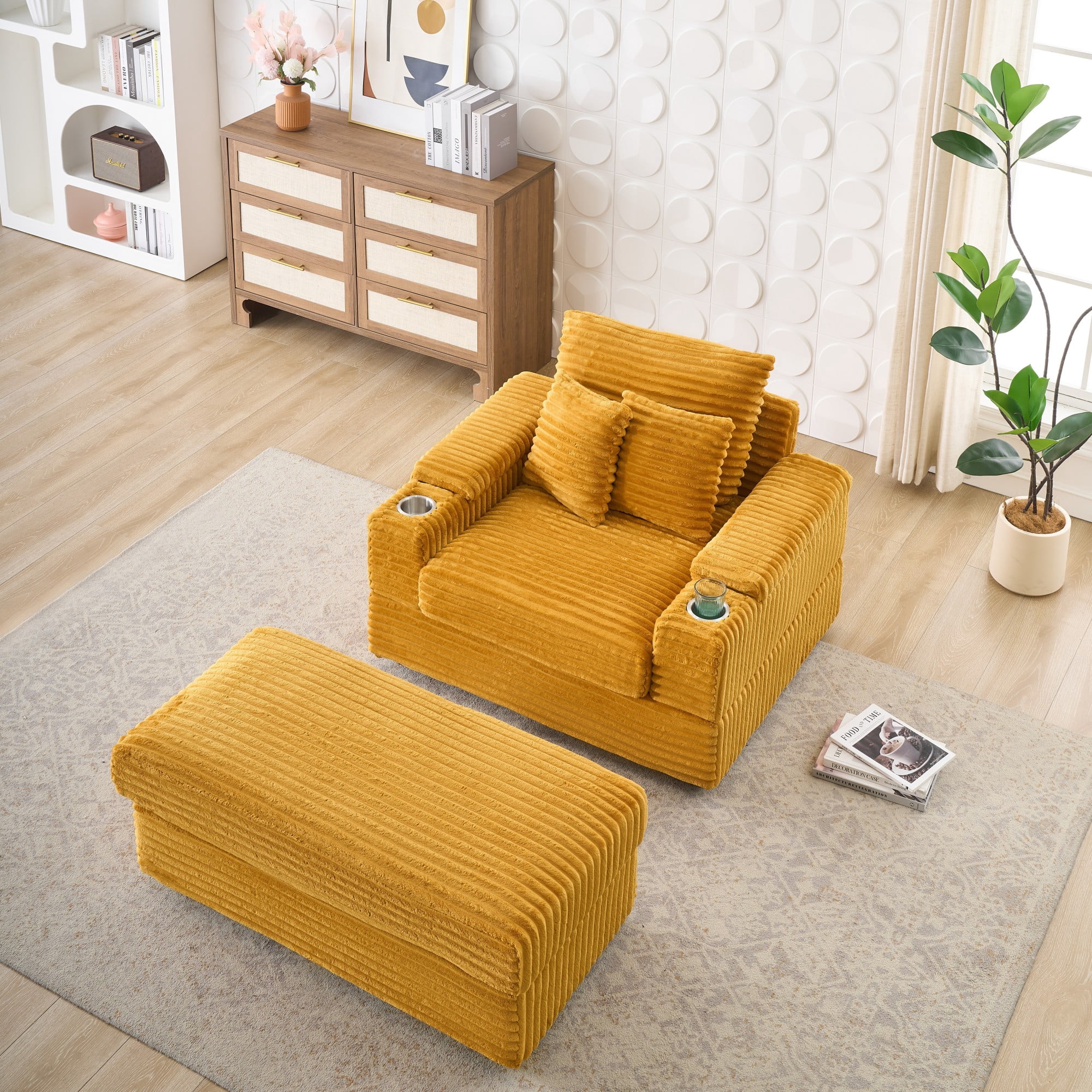 Chaise Lounge Chair,Corduroy Upholstered Sofa Bed with 3 Throw Pillows,Sleeper Reading Chair for Living Room,Bedroom,Orange