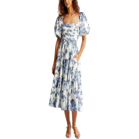 Hive Babe Dress Poplin Puff Sleeve Midi Dress,Women Summer Casual Flowy Beach Floral Pockets Ruffle Maxi Dress (1pcs-light whit blue,Small)