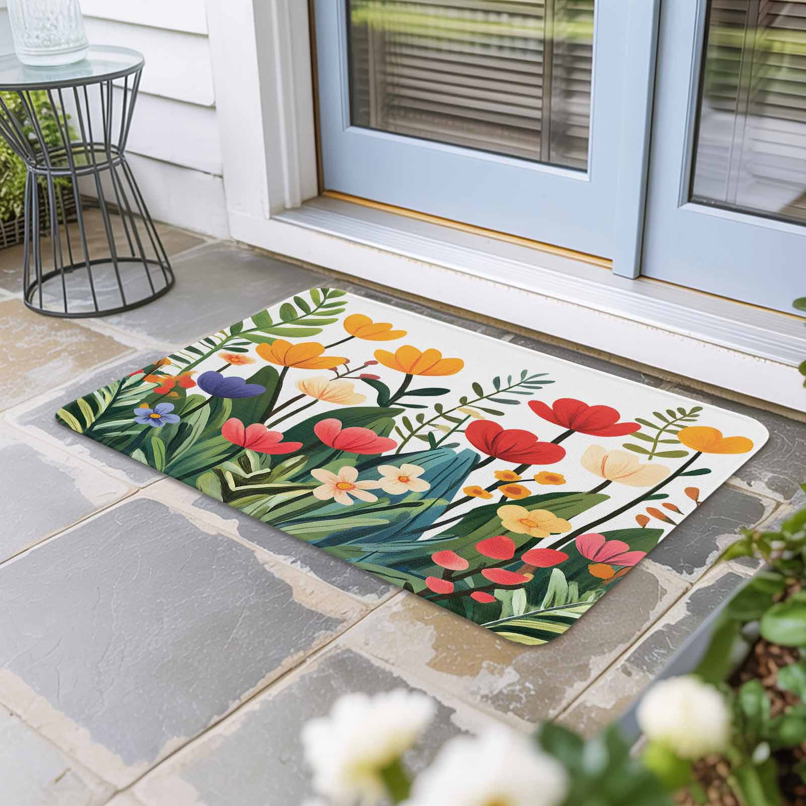 Spring Floral Doormat Outdoor Entrance 24"x36", Botanical Flower Leaf Plant Absorb Moisture Dirt Door Mats, Non-Slip Rubber Backing Floor Mats Indoor, Low-Profile Front Door Rugs