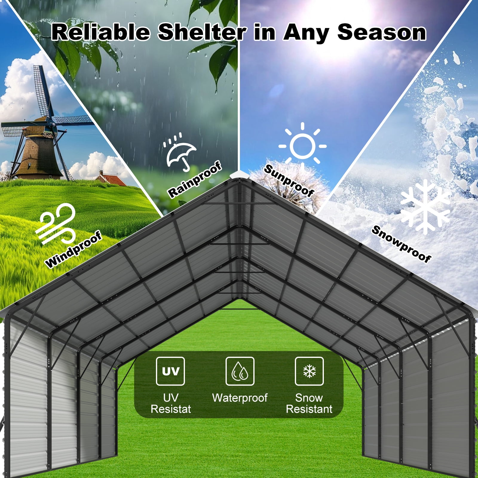 FLOUREE 20x20 FT Metal Carport Heavy Duty with Metal Sidewalls for All-Weather Use Enclosed Car Port with Vertical Steel Roof, Reinforced Base & Beams, 2 Car Garage Shelter for Car, Boats and Truck